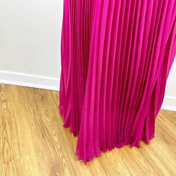 Carmen Marc Valvo Silk Strapless Fuchsia Gown With Ruffle Detail Pleated Skirt 4 - Picture 6 of 12